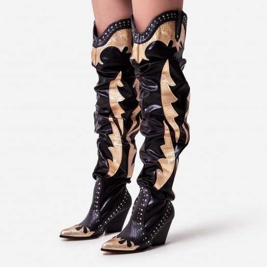 EGO Sunset Studded Detail Reptile Print Western Thigh High Long Boot In Black Faux Leather - flipped