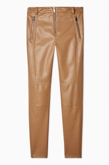 Topshop Tan Skinny Biker Faux Leather PU Trousers | light-brown skinnies - flipped