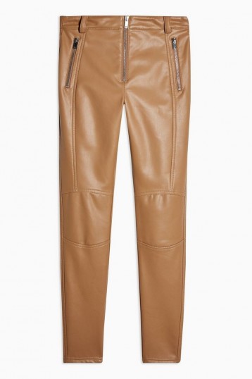 Topshop Tan Skinny Biker Faux Leather PU Trousers | light-brown skinnies