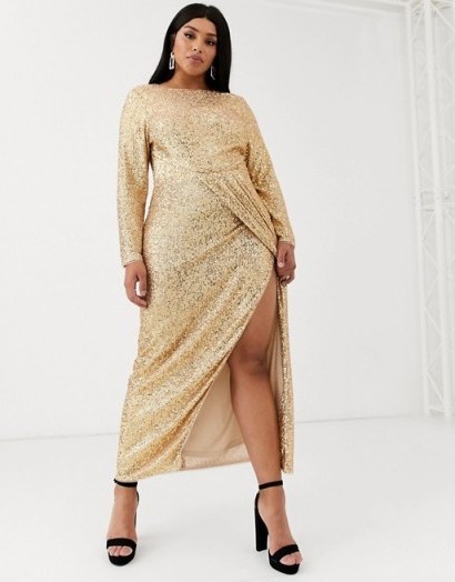 TFNC Plus wrap maxi dress in gold sequin / going out glamour - flipped