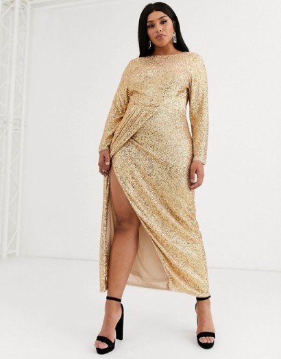TFNC Plus wrap maxi dress in gold sequin / going out glamour