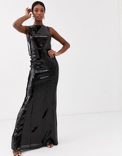 TFNC Tall maxi sequin dress with fringed back in liquid black - flipped