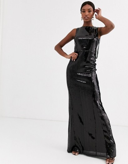 TFNC Tall maxi sequin dress with fringed back in liquid black