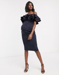 True Violet Maternity bardot midi dress with double frill in navy | off the shoulder occasion dresses | glamorous pregnancy evening fashion