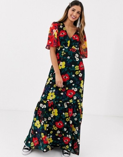 Twisted Wunder printed maxi tea dress in multi floral with contrast sleeves | vintage look fabrics | 70s style dresses - flipped