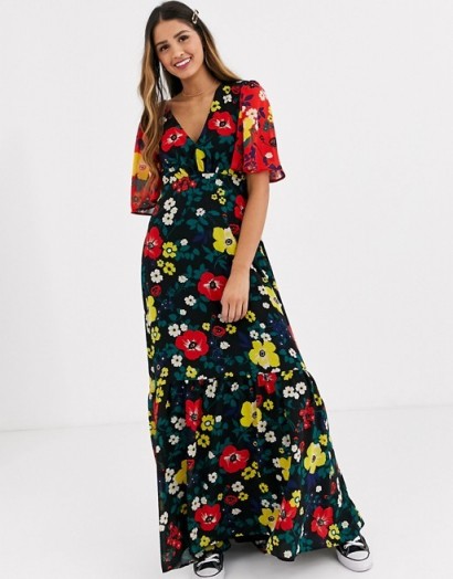 Twisted Wunder printed maxi tea dress in multi floral with contrast sleeves | vintage look fabrics | 70s style dresses