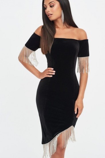 LAVISH ALICE velvet and diamante bardot midi dress in black – lbd – glamour - flipped