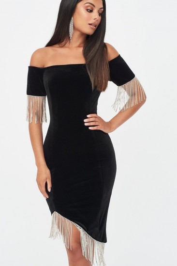 LAVISH ALICE velvet and diamante bardot midi dress in black – lbd – glamour