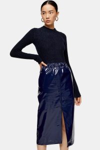 Topshop Boutique Vinyl Pencil Skirt in Navy Blue | high shine skirts