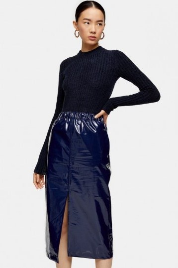 Topshop Boutique Vinyl Pencil Skirt in Navy Blue | high shine skirts - flipped