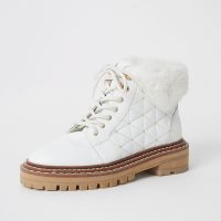 River Island White leather quilted lace-up hiking boots | fur trim winter booties