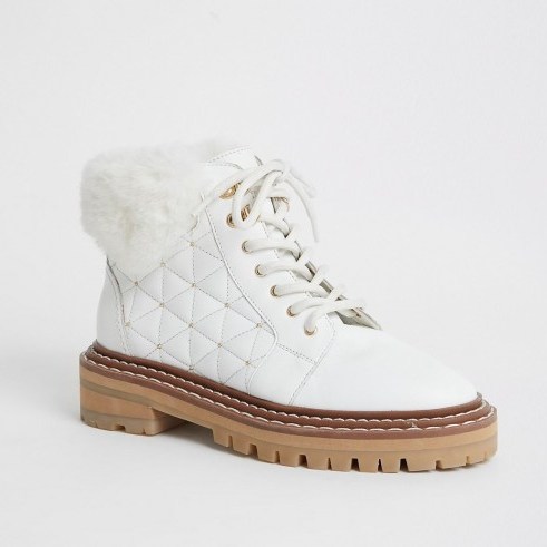 River Island White leather quilted lace-up hiking boots | fur trim winter booties - flipped