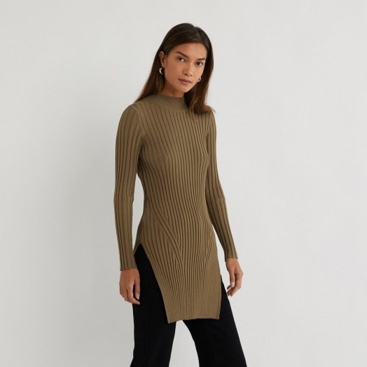 Warehouse WIDE RIBBED KNITTED TUNIC in KHAKI - flipped