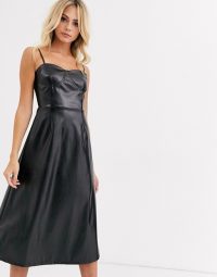 Wild Honey a-line cami midi dress in black faux leather | strappy fit and flare
