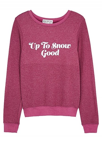 WILDFOX Snow Good brushed jersey sweatshirt in raspberry / winter slogan tops