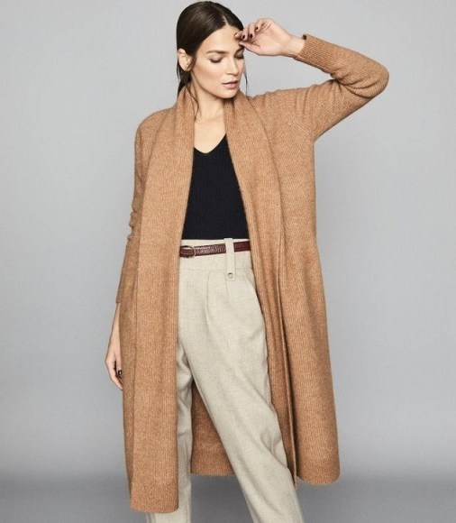 REISS WILLOW LONGLINE RIBBED KNIT CARDIGAN CAMEL ~ classic long cardigans ~ essential knitwear - flipped