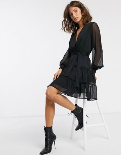 Y.A.S skater dress with lace insert and sheer sleeves in black spot | wrap style fit and flare | LBD