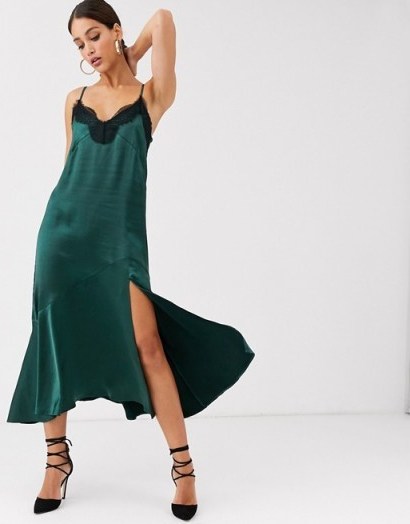Y.A.S Tall satin midi slip dress with lace trim and side split in emerald | green slit cami frock - flipped
