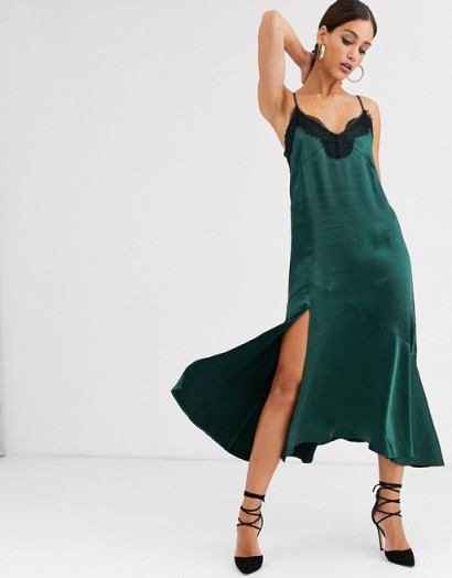 Y.A.S Tall satin midi slip dress with lace trim and side split in emerald | green slit cami frock