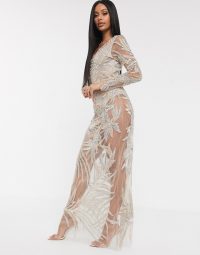 A Star Is Born exclusive embellished maxi dress with bodysuit in taupe | long semi sheer party dresses