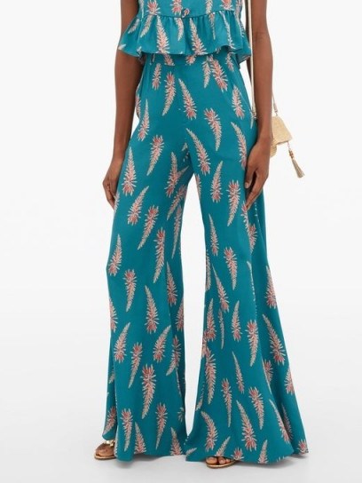 ADRIANA DEGREAS Aloe-print silk-crepe wide-leg trousers in blue ~ vintage look floaty flares - flipped