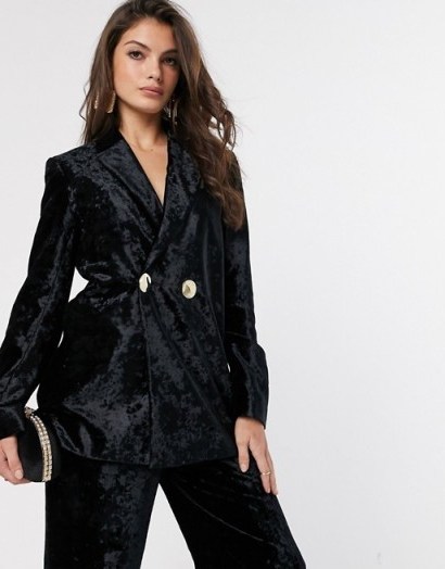 & Other Stories crushed velvet double breasted blazer in black – luxe style evening trousers suit jackets - flipped