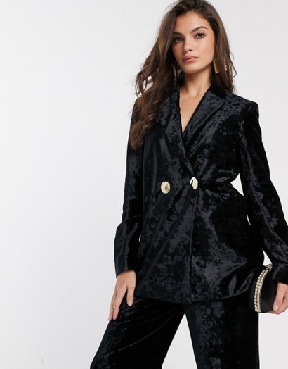 & Other Stories crushed velvet double breasted blazer in black – luxe style evening trousers suit jackets