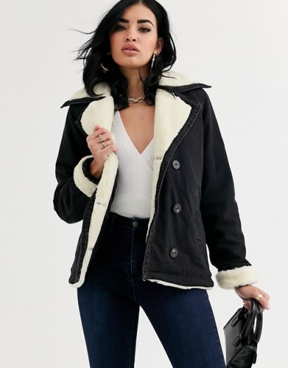 ASOS DESIGN denim aviator jacket with contrast borg collar in washed black | faux fur lined jackets
