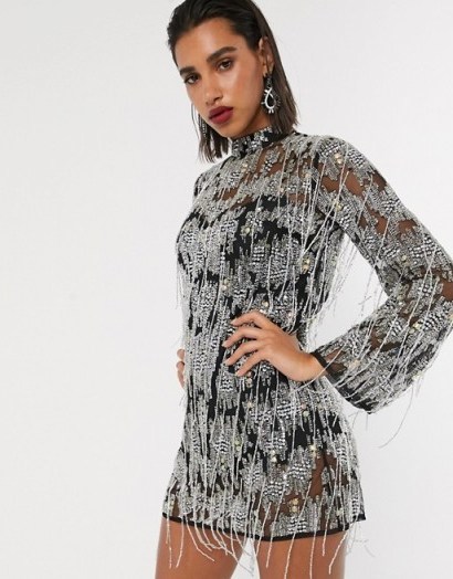 ASOS EDITION mini shift dress in heavily embellished fringe and diamante in black / high neck party dresses - flipped