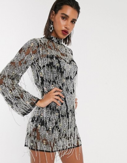 ASOS EDITION mini shift dress in heavily embellished fringe and diamante in black / high neck party dresses