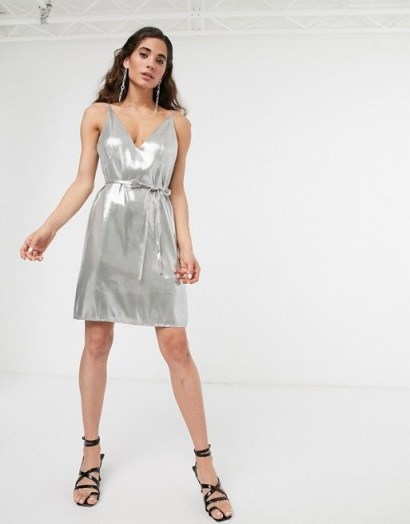 ASOS WHITE metallic strappy belted mini dress in silver – thin strap party dresses - flipped