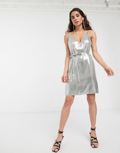ASOS WHITE metallic strappy belted mini dress in silver – thin strap party dresses