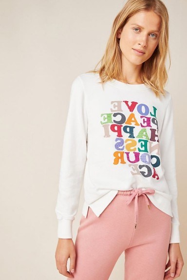Garima Dhawan Love Peace Happiness Sweatshirt in Ivory - flipped
