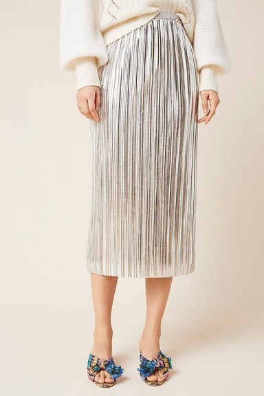 Maeve Nikola Midi Skirt in Silver / metallic plisse skirts - flipped