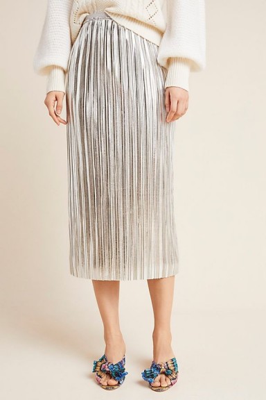 Maeve Nikola Midi Skirt in Silver / metallic plisse skirts