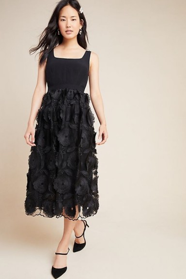 Maeve Floriana Lace Midi Dress in Black / lbd