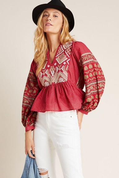 ANTHROPOLOGIE Keira Embroidered Peplum Blouse in Red Motif