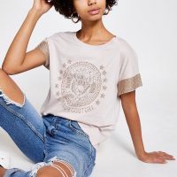 RIVER ISLAND Beige embellished sleeve T-shirt / casual luxe tee