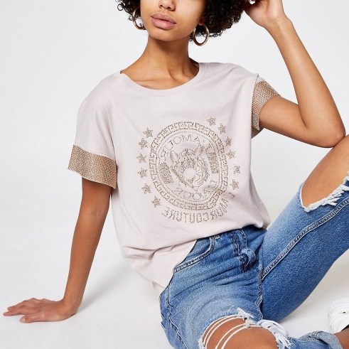 RIVER ISLAND Beige embellished sleeve T-shirt / casual luxe tee - flipped