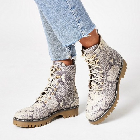 RIVER ISLAND Beige leather snake print lace-up boots - flipped