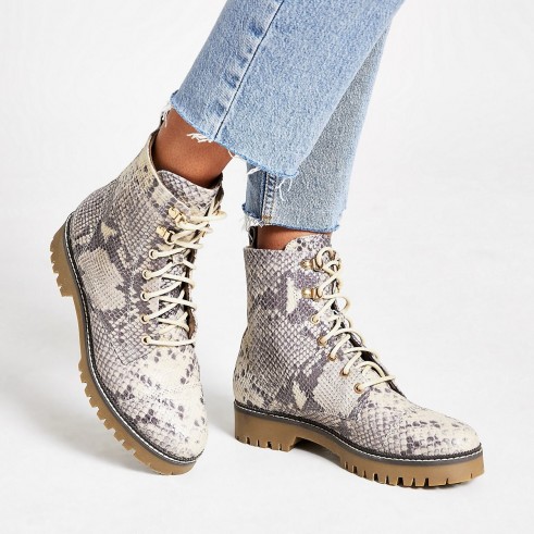 RIVER ISLAND Beige leather snake print lace-up boots