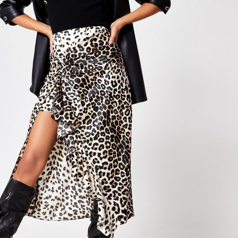 RIVER ISLAND Beige leopard print twisted satin midi skirt - flipped