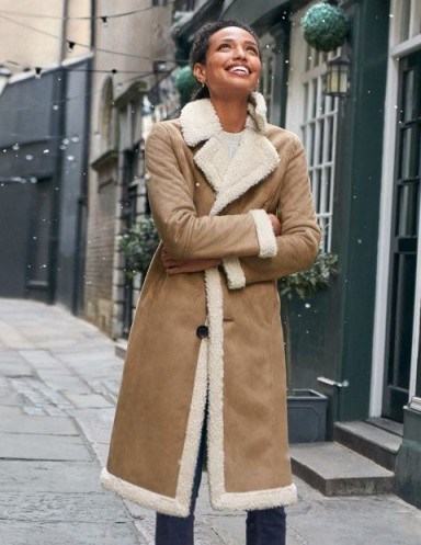 Boden Bell Teddy Lined Coat in Natural ~ faux shearling / suede winter coats - flipped