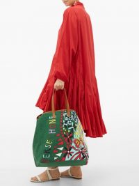 LA DOUBLEJ Big Mama Persephone canvas and leather tote bag in green / printed handbags
