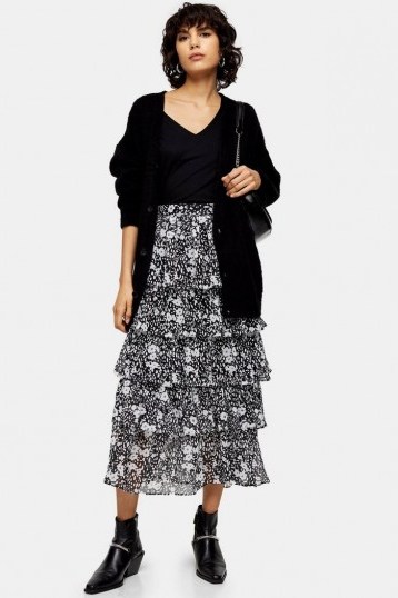 TOPSHOP Black And White Floral Tiered Midi Skirt / monochrome skirts - flipped