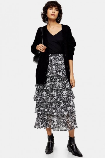 TOPSHOP Black And White Floral Tiered Midi Skirt / monochrome skirts