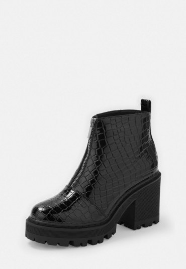 MISSGUIDED black croc texture chunky heeled ankle boots - flipped