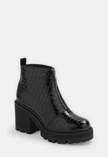 MISSGUIDED black croc texture chunky heeled ankle boots