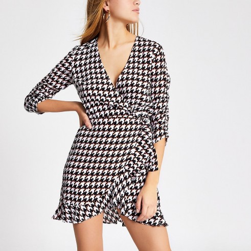 RIVER ISLAND Black dogtooth check wrap playsuit