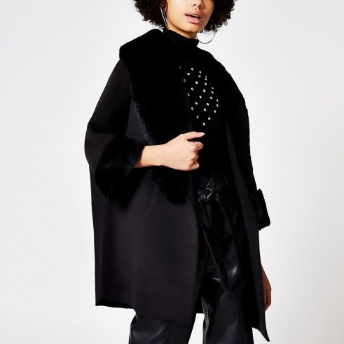 RIVER ISLAND Black faux fur trim cape swing coat / chic vintage look coats - flipped